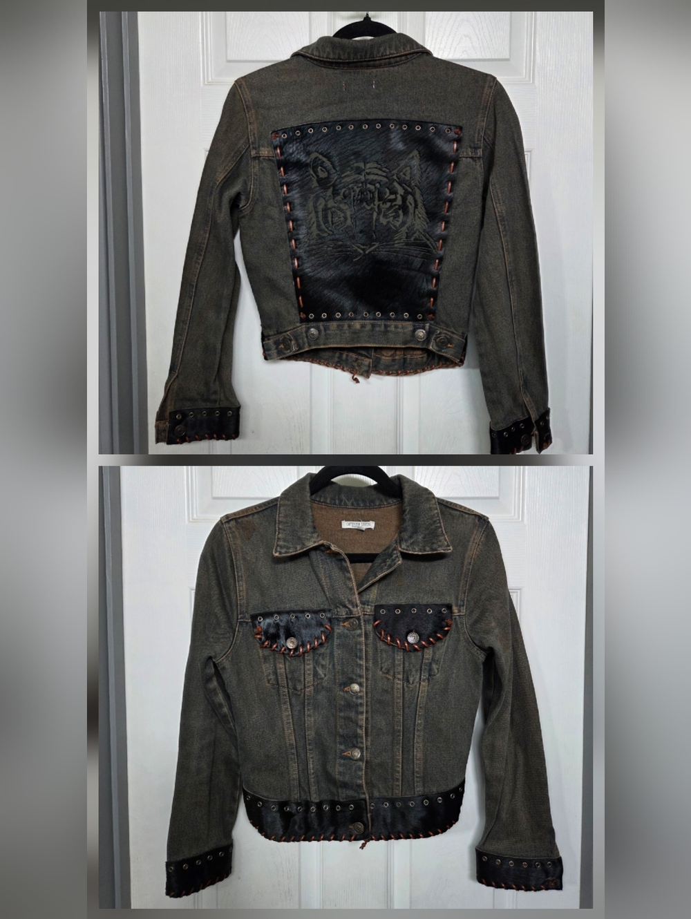 Vtg. Caterina Lucchi RARE Denim Jacket Tiger Etched Cowhide Stitched Western SM